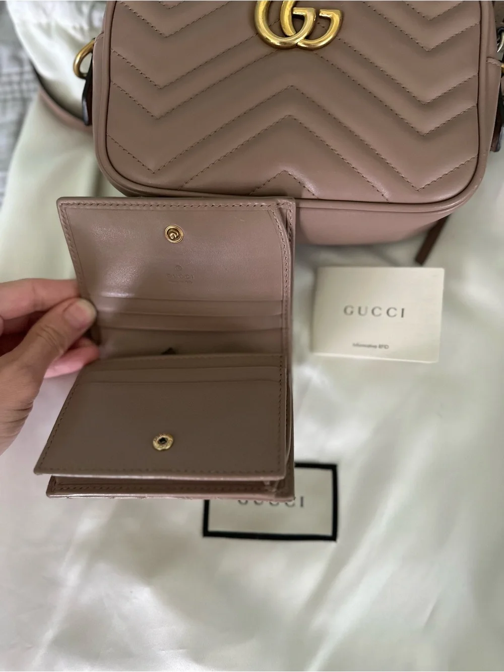 Gucci Leather Matelassé Mini Crossbody in Taupe Brown with matching wallet